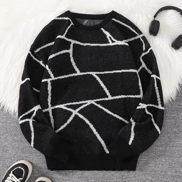 New Popular Autumn and Winter Broken Pattern Pullover Sweater Casual Round Neck Contrast Color Knitted Men's Pullover